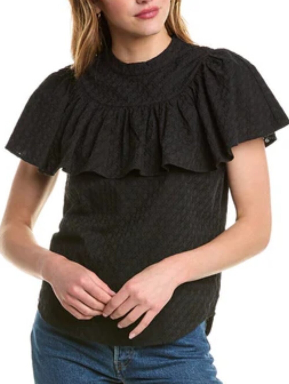 CLARE V. Maxine High Neck Blouse In Black Rattan Eyelet Size XS